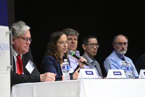 Elizabeth Stuart, professor in the Bloomberg School of Public Health, speaking with the AI-X Foundry Symposium panel
