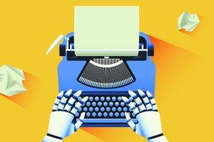 Colorful graphic of robot hands using a typewriter