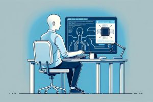 Illustration image of person sitting at a desk on computer