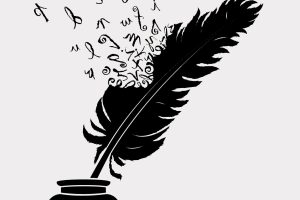 Illustration of a black quill with letters