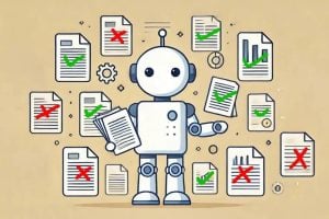 Graphic of a robot holding papers and papers around the robot that have a green check mark on them or red x on them