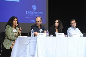 From left, Sareeta Amrute, Fernando Pereira, Mitra Taheri, and Daniel Khashabi