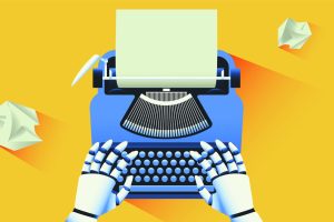 Robot typing text on a light blue typewriter