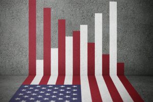 American flag bars forming financial graph pointing up and down