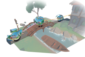 An AI-generated world featuring a house next to a small footbridge that crosses a creek. In the creek is a wooden canoe.