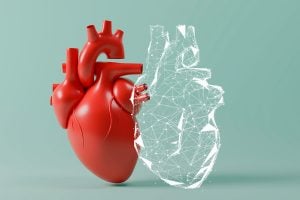 An image of a red 3D heart and then a duplicate image of an outlined heart