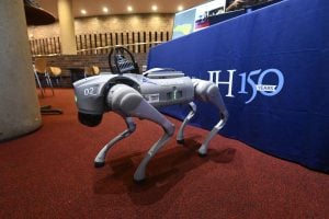 A silver &#039;robot dog&#039; on display at Impact Maryland 2025