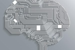 Electronic computer technology circuit board brain shape background or emblem isolated vector illustration