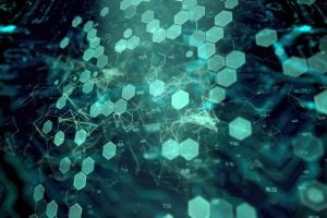 Digital abstract technological environment, dark green background with lighter green hexagon shapes
